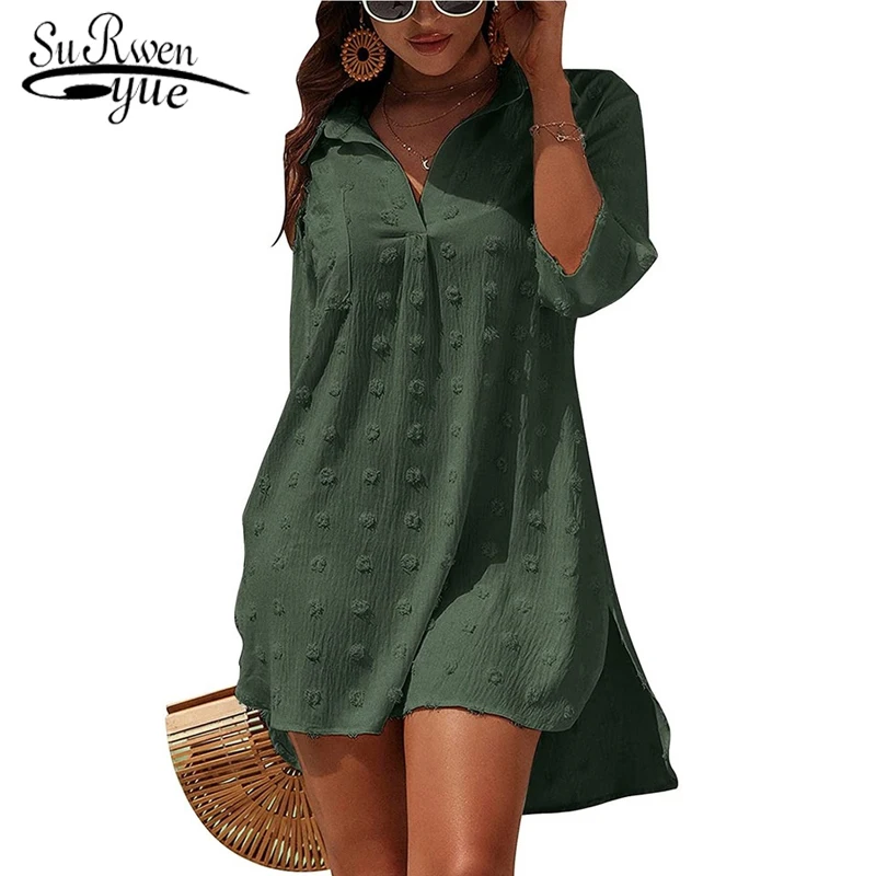 

Женское Прозрачное платье-рубашка, повседневное свободное белое жаккардовое асимметричное кружевное платье с отложным воротником, модель ...