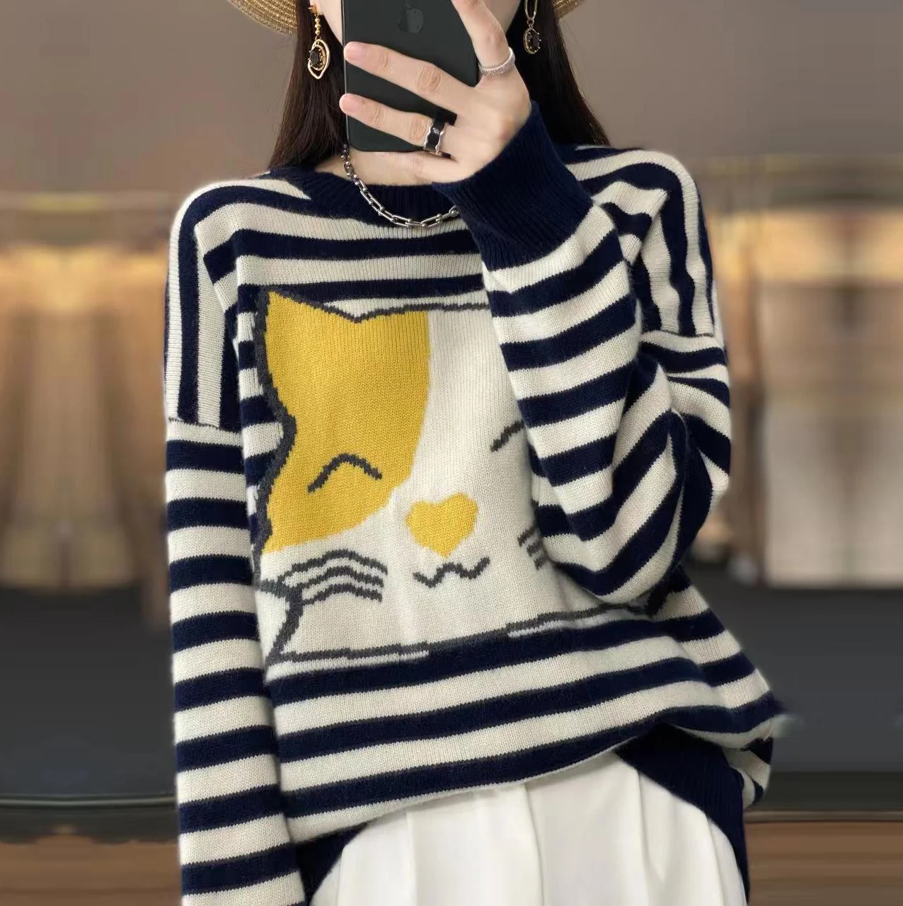 100 Merino Woolen Sweater Women's Crew Neck Stripe Pullover Autumn and Winter New Fashion Embroidery Stripe Top Loose Large Size