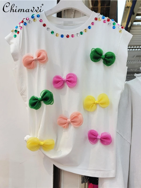 

Fashion Design Heavy Beads Diamond Sleeveless T-shirt for Women 2022 Summer Clothes New Loose Tshirts Streetwear Khaki Top Vest