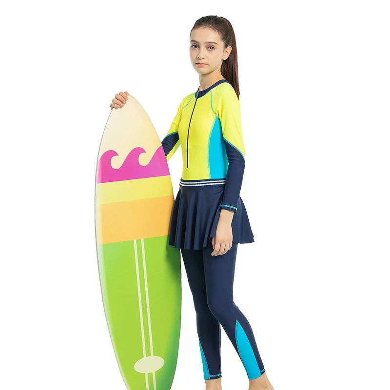 Conservative Muslim Swimsuit For Girls Front Zipper Modest Swimwear Swimming Suit Children Long Sleeve Borkini Mujer Islamico