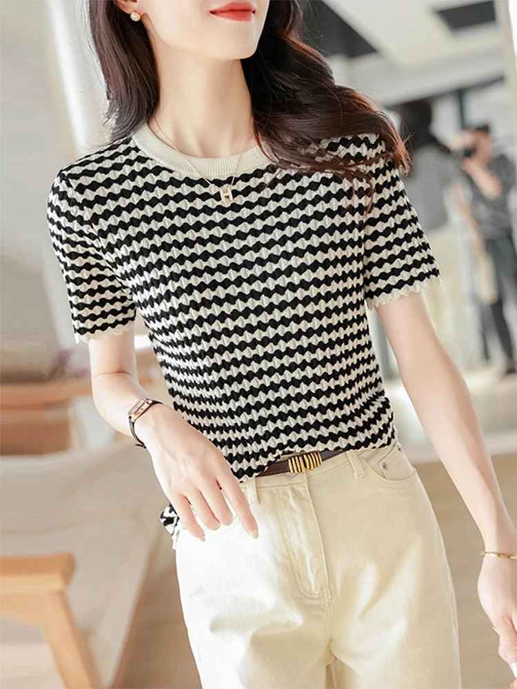 

Повседневная полосатая вязаная футболка BOBOKATEER, Женская облегающая футболка с круглым вырезом, Женская весенне-летняя одежда 2023, женские футболки