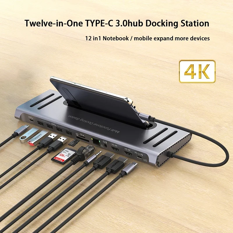 

Док-станция 12 в 1, USB Type-C, HDMI, 4K, PD3.0