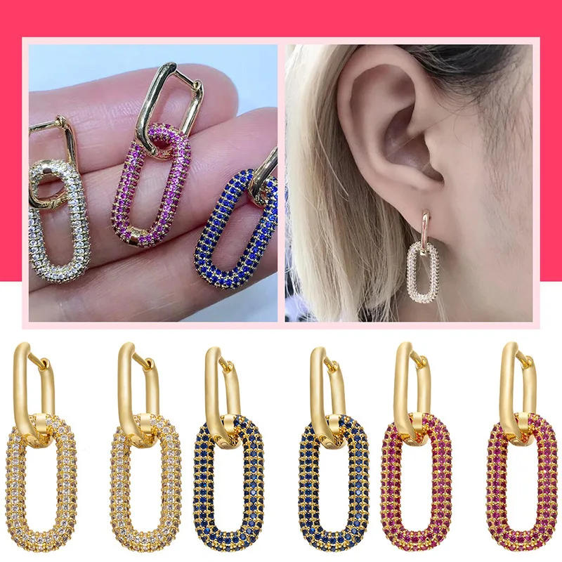 

Valentine's Day gift Europe and the United States simple inlaid zirconium pink crystal copper gold plated rectangular ear