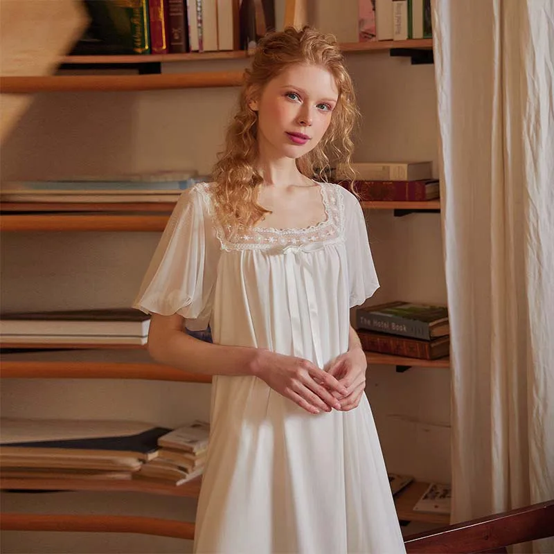 Roseheart Women Homewear Female White Sexy Sleepwear Nightdress Cotton Lace Mesh Nightwear Nightgown Homewear Luxury Gown