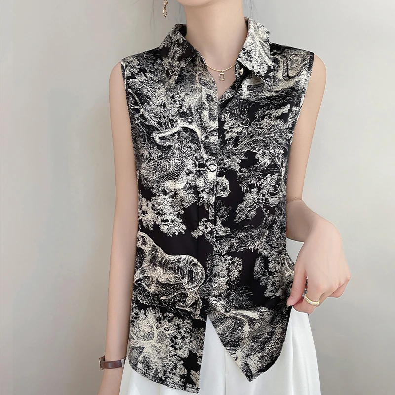 Новая атласная рубашка-поло без рукавов жилет и футболка с чернильным принтом