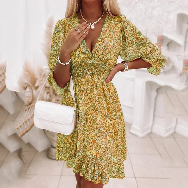 Летнее модное платье с цветочным принтом для женщин юбка-миди повседневный