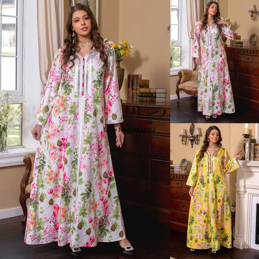 Fashion Floral Print Muslim Dress Women Dubai Arab Abaya Dubai Arabic Turkey Moroccon Kaftan Islamic Clothing India Gown Robe