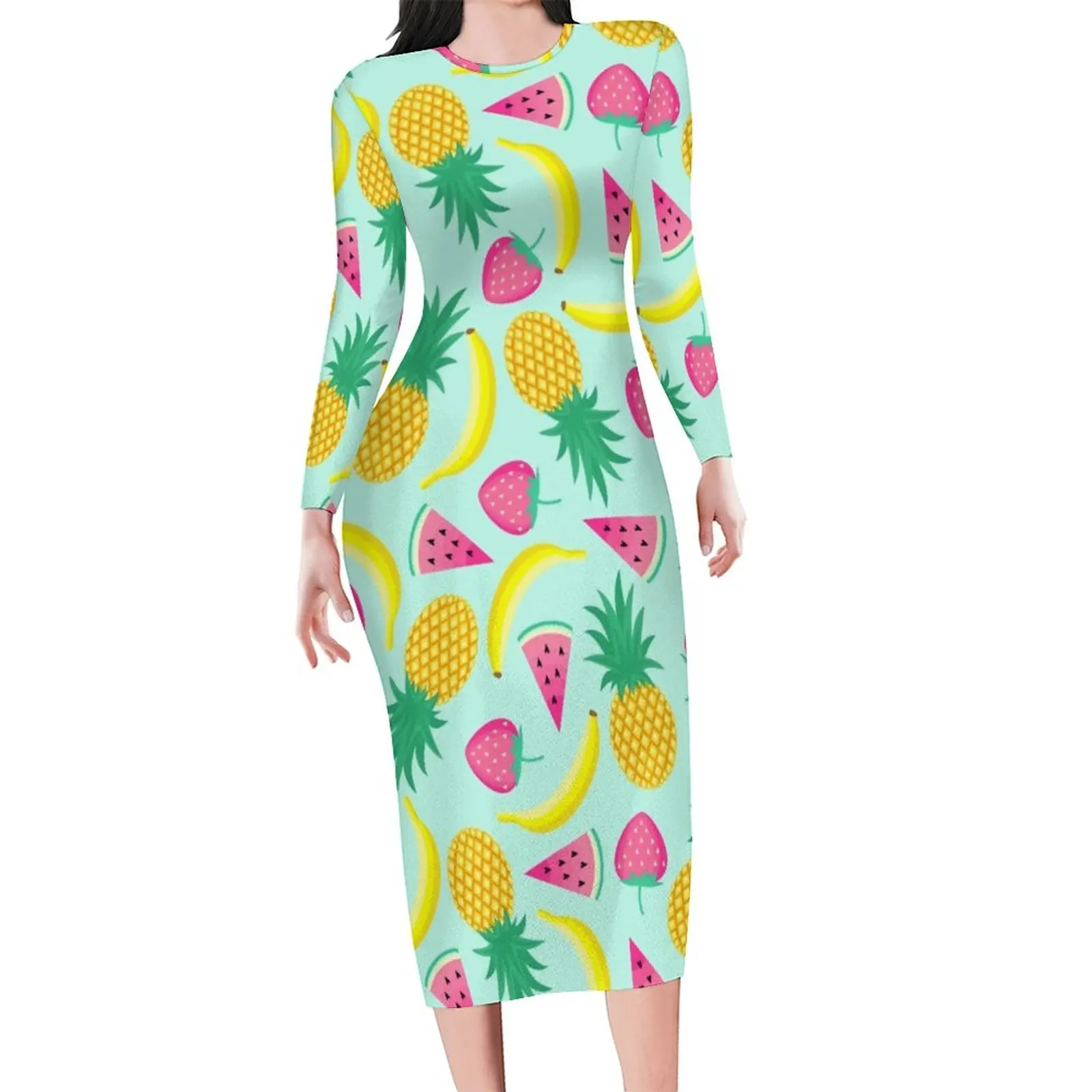 

Banana Pineapple Dress Female Funky Fruit Print Street Wear Bodycon Dress Spring Long Sleeve Kawaii Dresses Oversized Clothing
