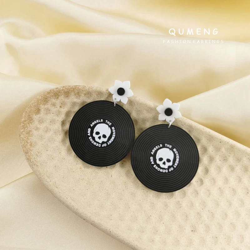 Hip Hop Exaggerated Halloween Black CD DJ Music Record Skull Flower Vintage Acrylic Earrings For Women Demon Statement Jewelry