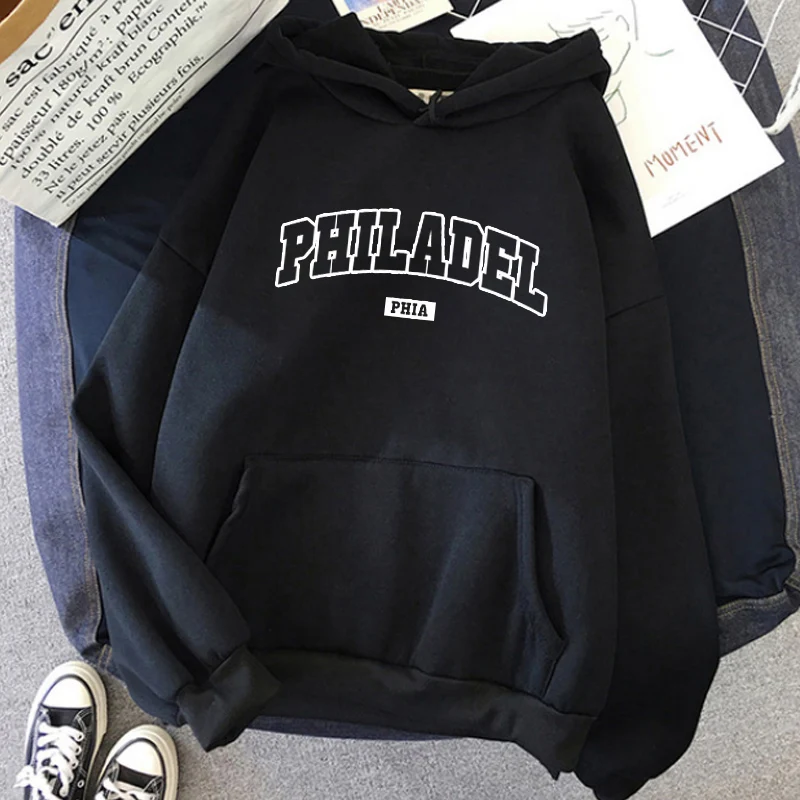 

Women's Sweatshirt Oversized Hoodies PHILADEL Letter Print Hooded Thicken Warm Hoodies Lady Spring Autumn Tops Female Clothing