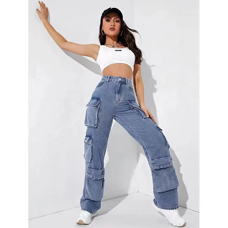

Cargo Jeans for Women 2022 Autumn Winter High Waist Zipper Fly Wide Leg Denim Pants with Big Pocket High Street Hips Trousers