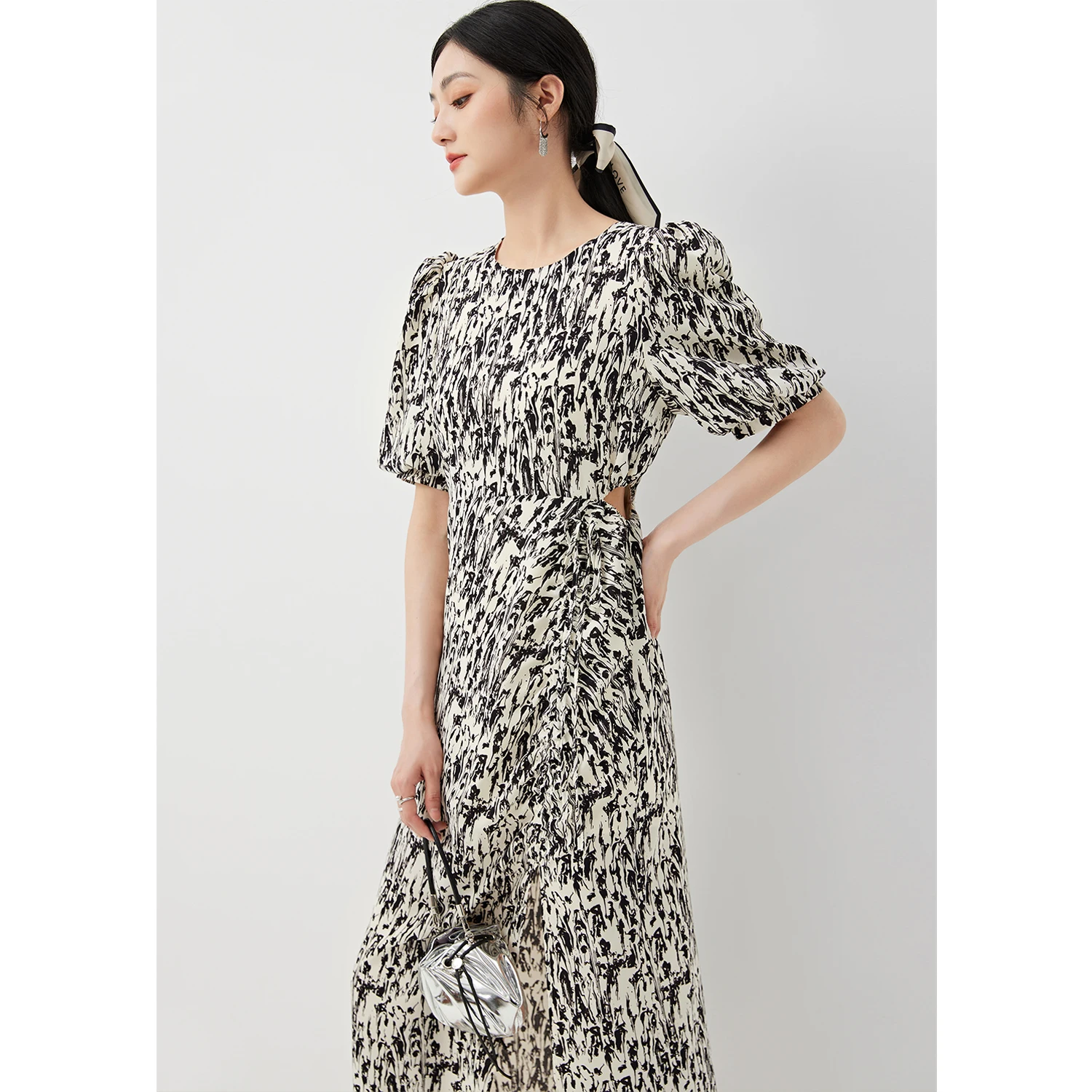 

SHUCHAN Hollow Out Waist Long Dress Women Polyester Sheath Zipper Mid-Calf Puff Sleeve O-Neck Vestido Feminino