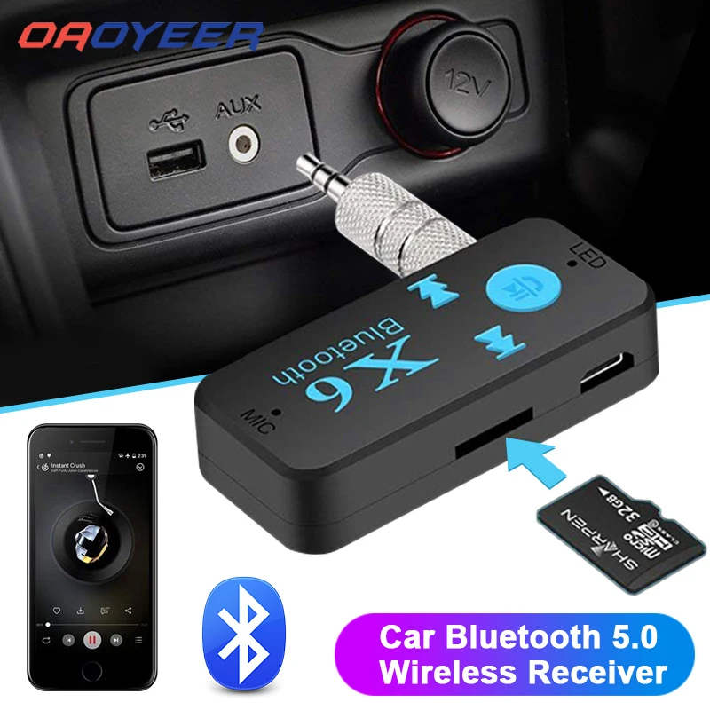 

2 IN 1 Bluetooth 5.0 Receiver 3.5mm AUX Car Stereo Audio Music Player with Microphone HandFree Wireless Adapter Support TF Card