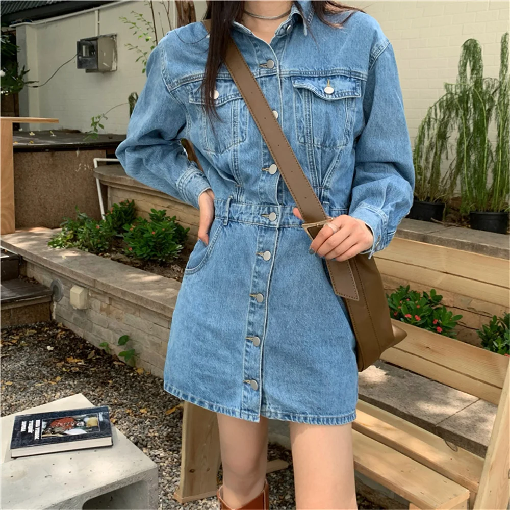 

PLAMTEE Casual Pockets New Mini Jeanswear Dress Women Chic 2022 Autumn Hot Loose Hot Office Lady Denim Stylish Slim Vestidos