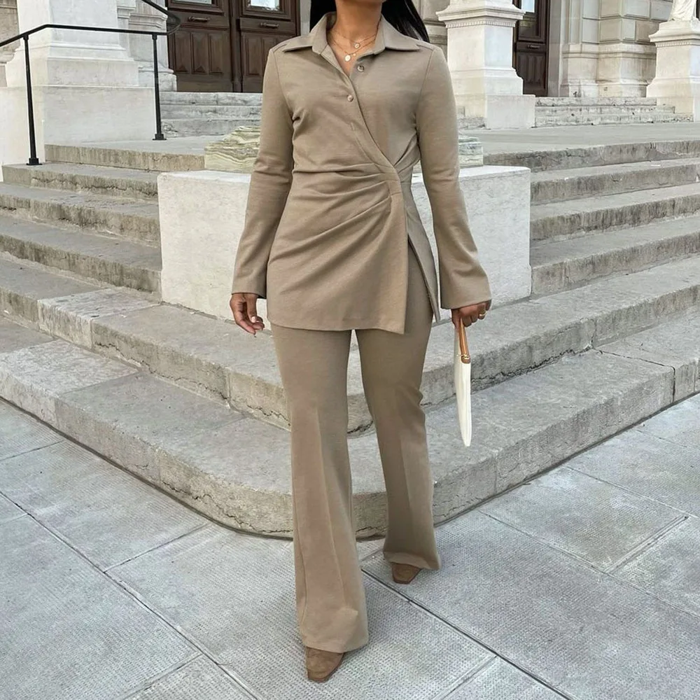 

2021 New Autumn Women Vintage Two-Piece Set Solid Long Sleeve Shirt Female Elastic High Waist Casual Flare Pants Set