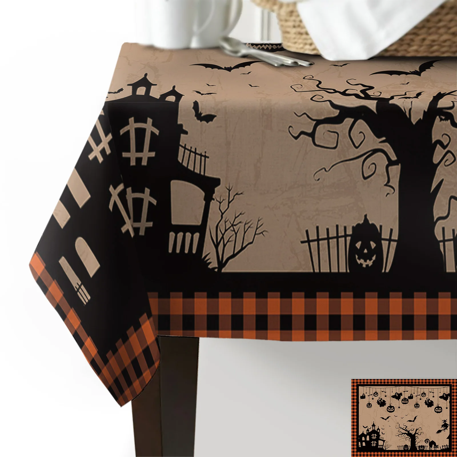 Клетчатая скатерть для стола на Хэллоуин тыква кошка ведьма летучая мышь призрак