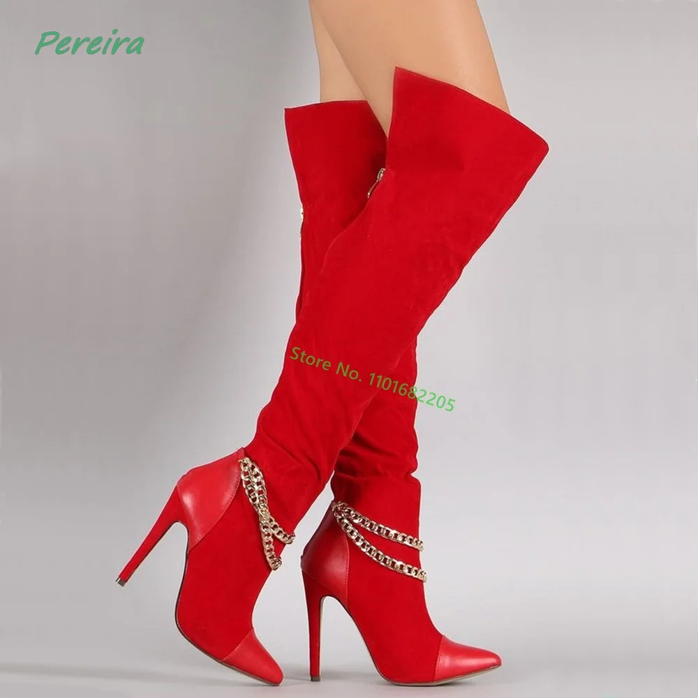 2022 Red Suede Boots Women's Winter Chain Solid Pointed Toe Thin High Heel Back Zipper Sexy Catwalk Shoes For Free Shipping