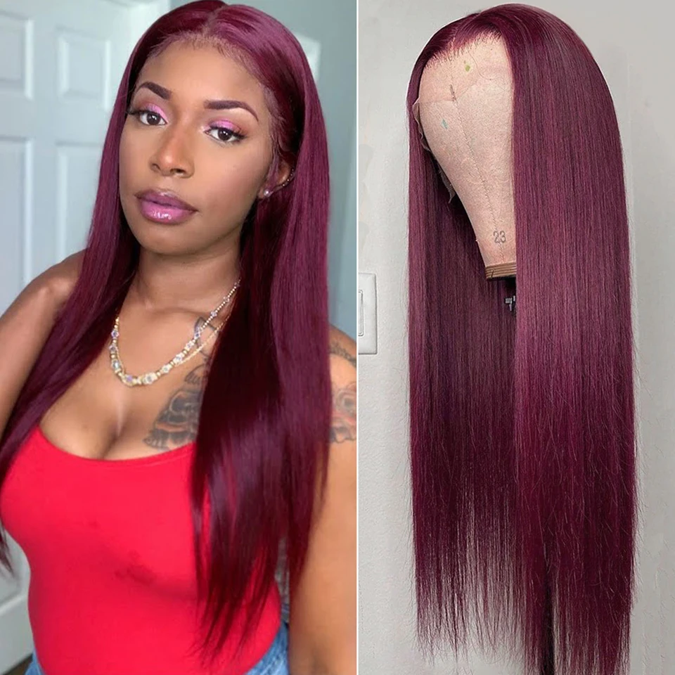 

99J Burgundy Lace Front Wig 13x4 HD Transparent Lace Frontal Wigs Brazilian Bone Straight Colored Lace Front Human Hair Wigs