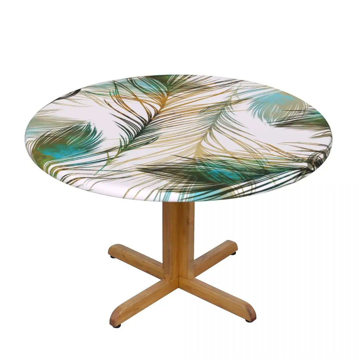 

Round Table Cover Cloth Protector Polyester Tablecloth Peacock Feathers Watercolor Table Cover with Elastic Edged