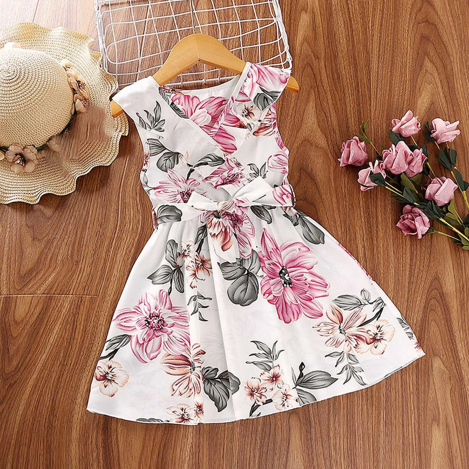 

Детское платье в стиле бохо для девочек, платье без рукавов с цветочным принтом, V-образным вырезом и поясом, мини-платье с круглым вырезом, л...