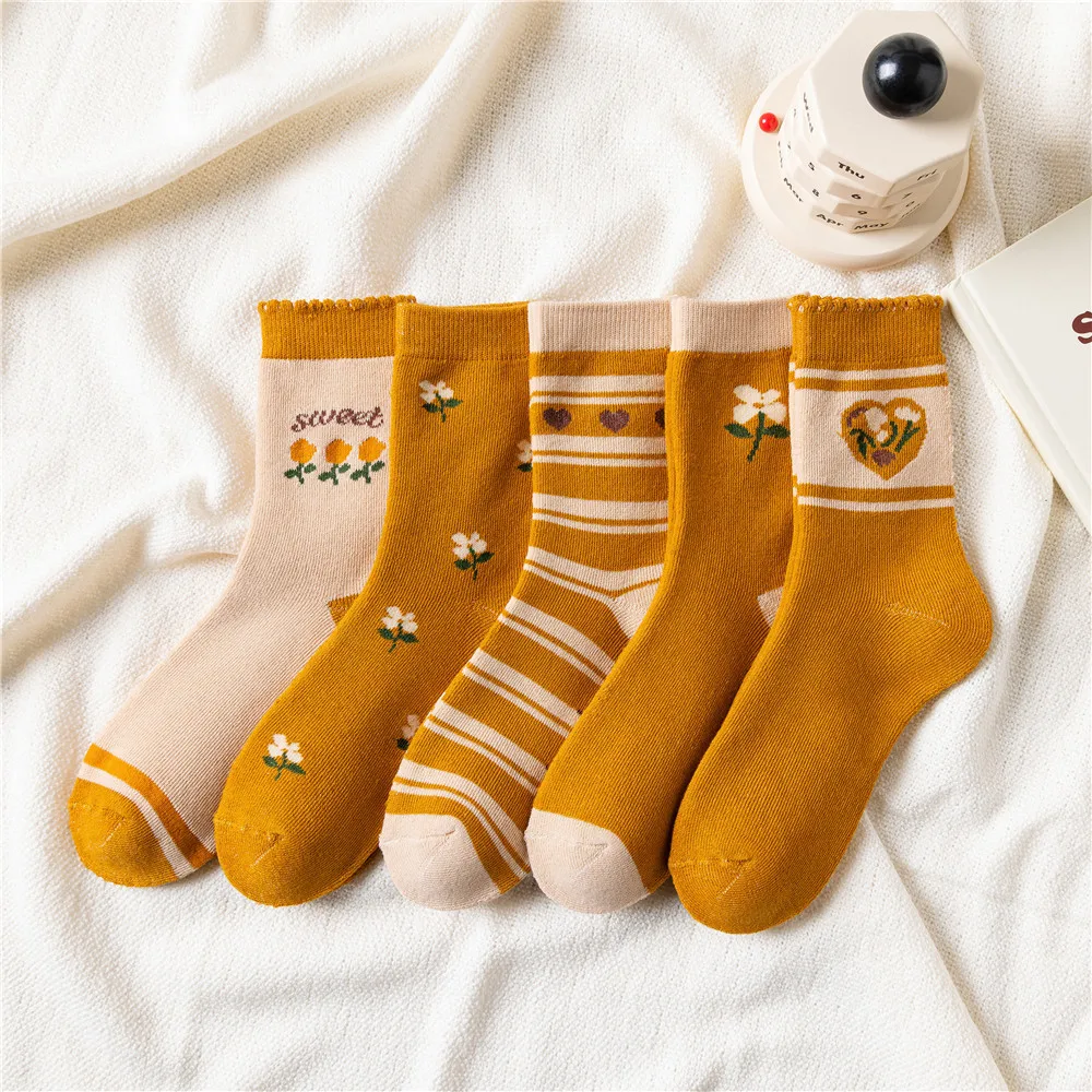 

5 пар, женские хлопковые носки с принтом, Осень-зима