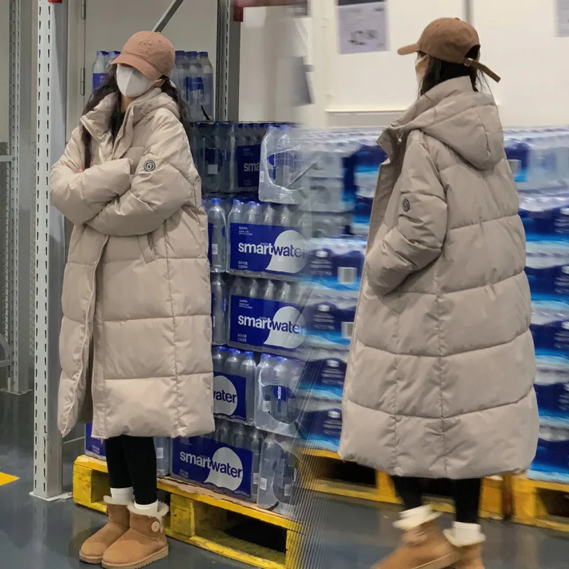 

Корейская версия, прямой длинный пуховик из хлопка, Женская свободная теплая хлопковая куртка, хлопковая куртка с капюшоном, зимнее пальто выше колена