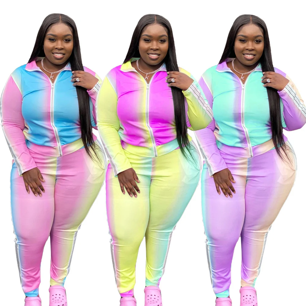 Plus Size Clothes Women L-5xl 2 Piece Set Gradient Patchwork Zip Top Sport Pants Fitness Outfit Activewear Wh 3xl 4xl 5xl 6xl