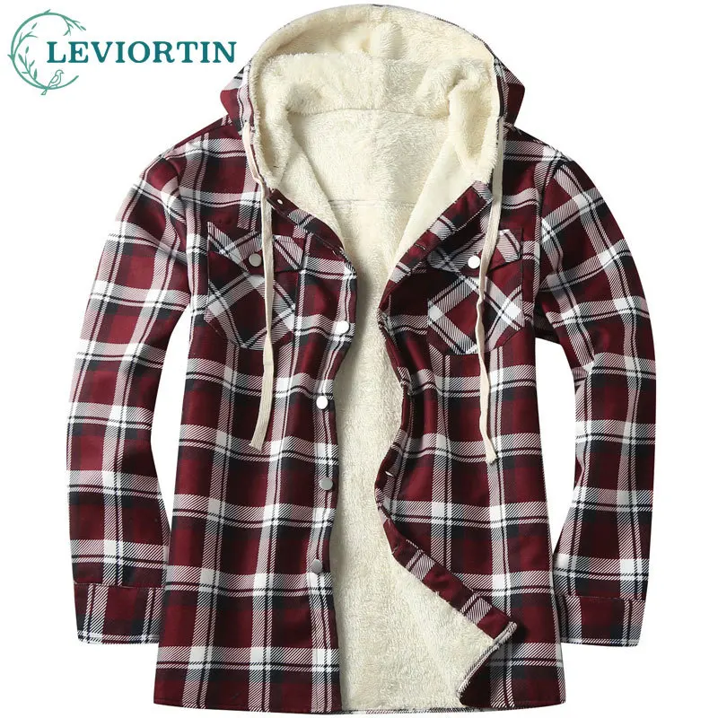 Jacket Men Thick Fuzzy Sherpa Lined Patchwork Plaid Button Up Flannel Shirt Cotton Coats For Male