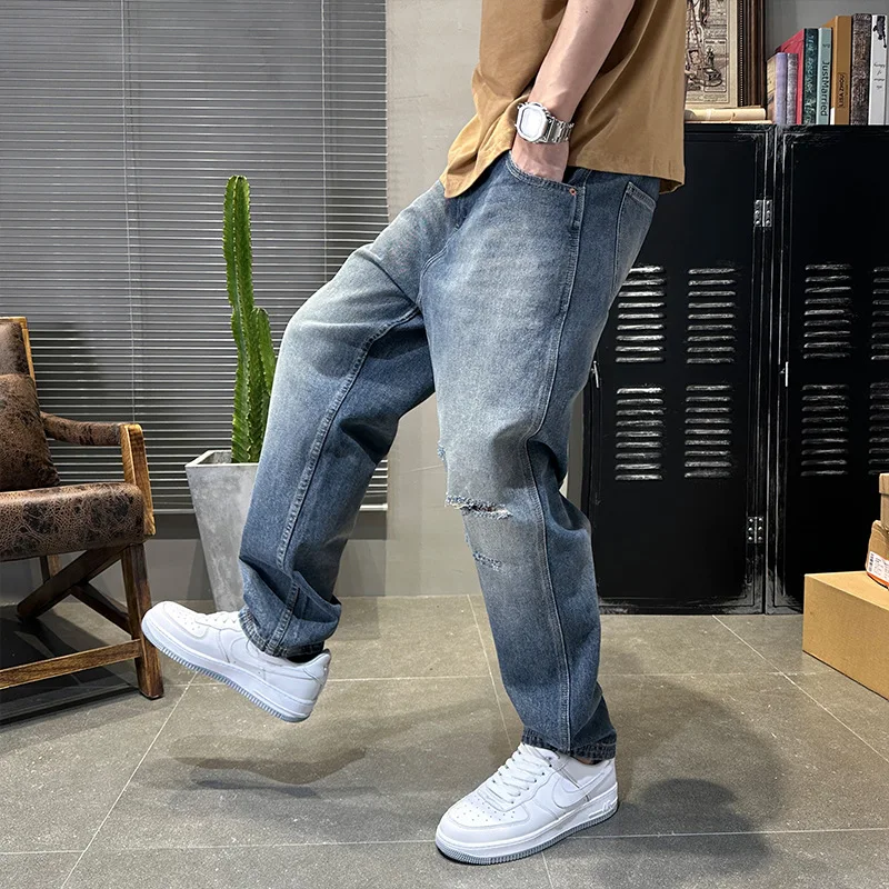 Street Fashion Men Jeans Retro Blue Loose Fit Hole Ripped Jeans Men Straight Trousers American Casual Wear Wide Leg Pants Hombre