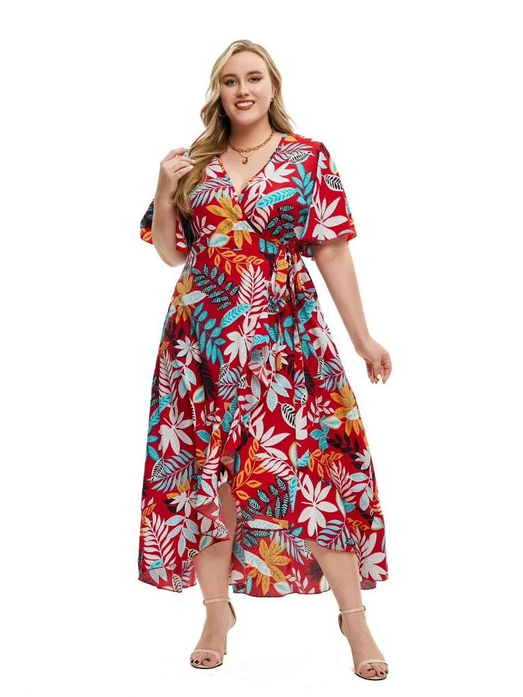 Plus size women summer new short-sleeved printed wrap dress  evening dresses  party dress