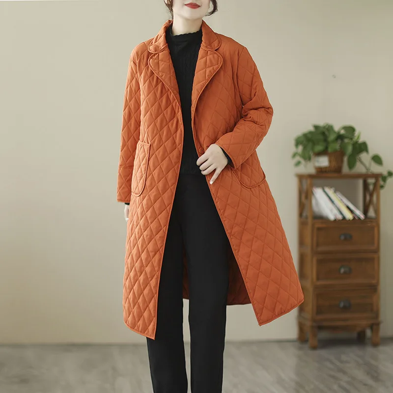 Retro Lapel Double Pockets Mid Length Coat Top Women 2022 Autumn Winter New Elegant Solid Color Windbreaker Warm Cotton Jacket