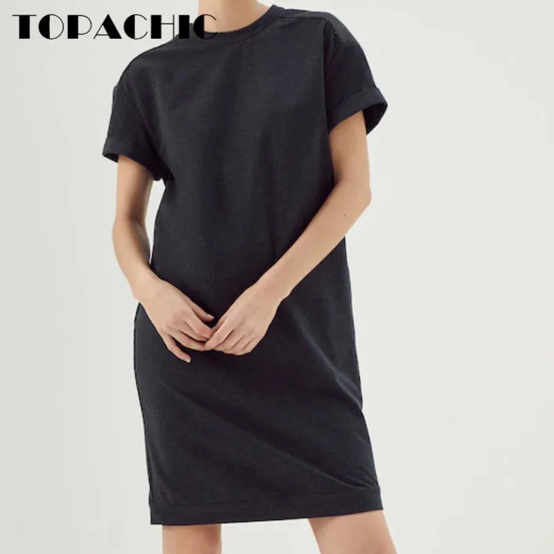 6.5 High End Chain Beading Decoration Solid Color O-Neck Short Sleeve Roll-up Cotton Blend Casual Dress Women