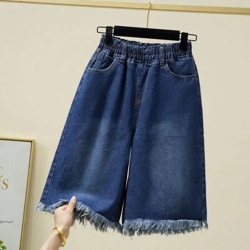 

Women's Short Jeans with Tassels for Summer Women Shorts with Pockets Elastic High Waist Blue Skinny Mini Wide Leg Denim Pants