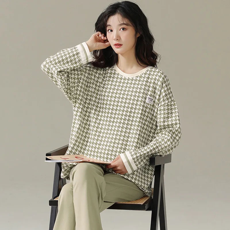 

New Style Pajamas In Spring And Autumn, Women's Pure Cotton, High Sense, Thousand Bird Grid, Long Sleeve Suit, Home Clothes,