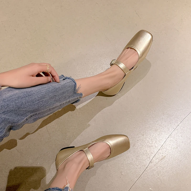 34-41 large size spring and autumn square head cow leather gold women's shoes with low heel and simple thick heel women shoes