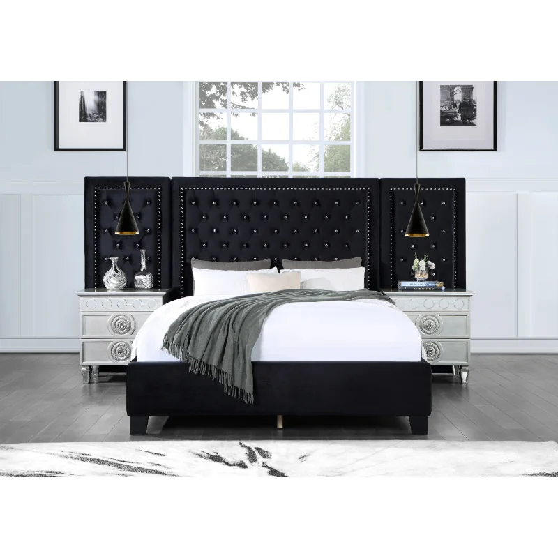 

ACME King Bed Black Velvet Contemporary Style Composite Wood Interior Decoration Full Soft Button Tufted Mattress Bed[US Stock]