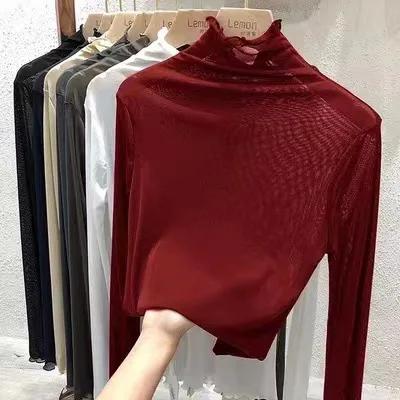 Женская шифоновая сетка с длинными рукавами и высоким кружевным подолом