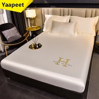 satin fitted sheet high end embroidery mattress cover rayon white bedsheet 160x200 180x200 with elastic band bed sheet