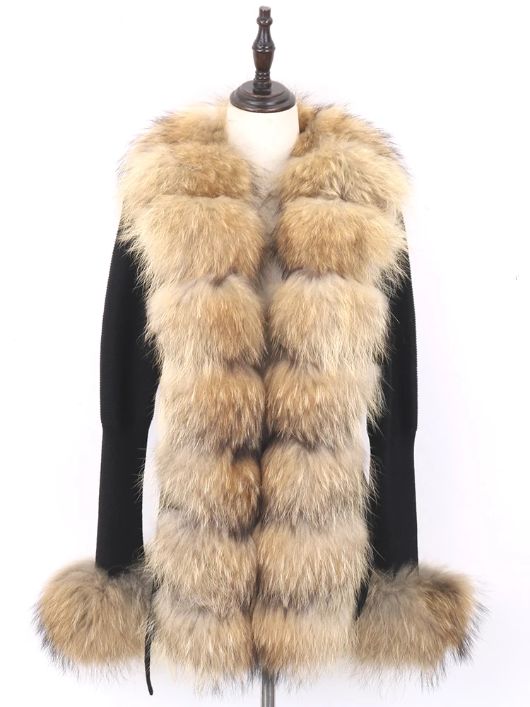New Casual Autum Winter Wool Knitted Sweater Women Real Fox Fur Coat Natural Fox Fur Collar Hooded Cardigan Fashion Streetwear