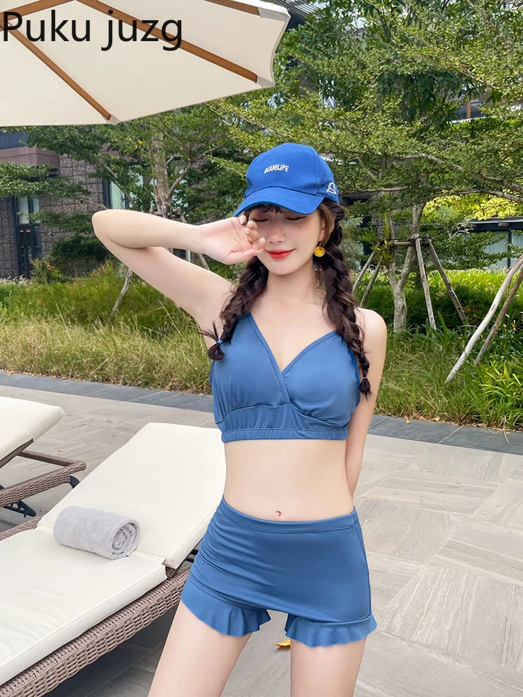 

Puku Juzg Korean Swimsuit Women 3 Piece Set Split Sexy Swimwear Korean Sports Style Large Size Bathing Suit Women Bikini Push Up