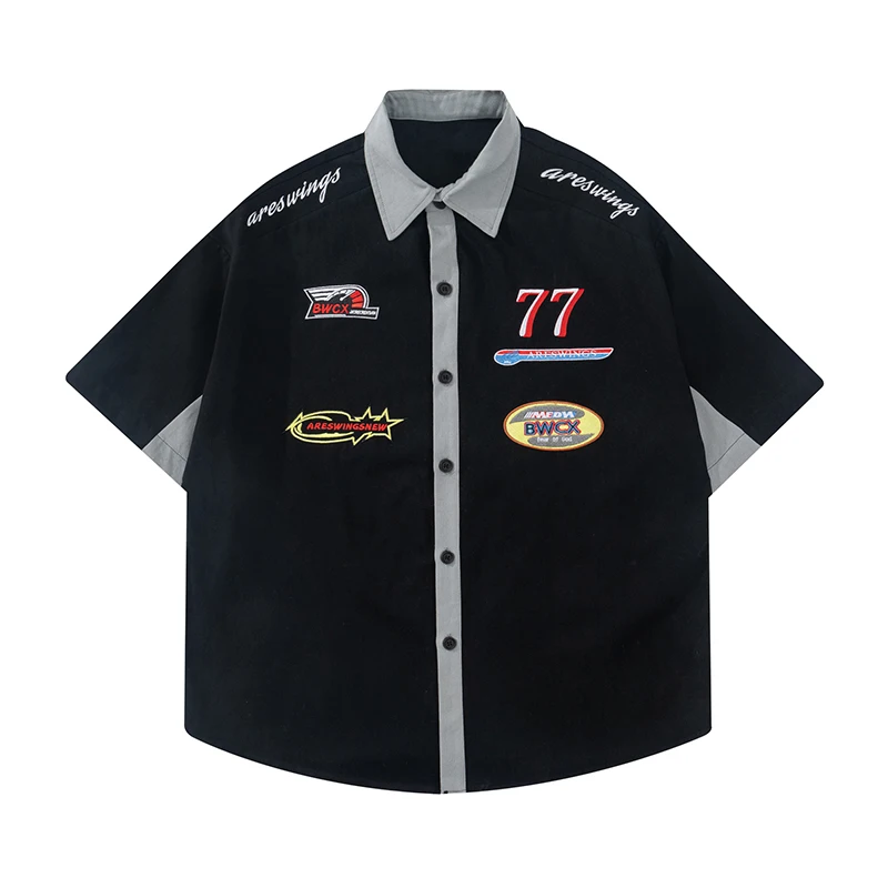 

Harajuku Retro Lapel Color Match Streetwwear Summer Mens Shirts Short Sleeve Oversized Casual Couple Tops Loose Hawaii Shirt