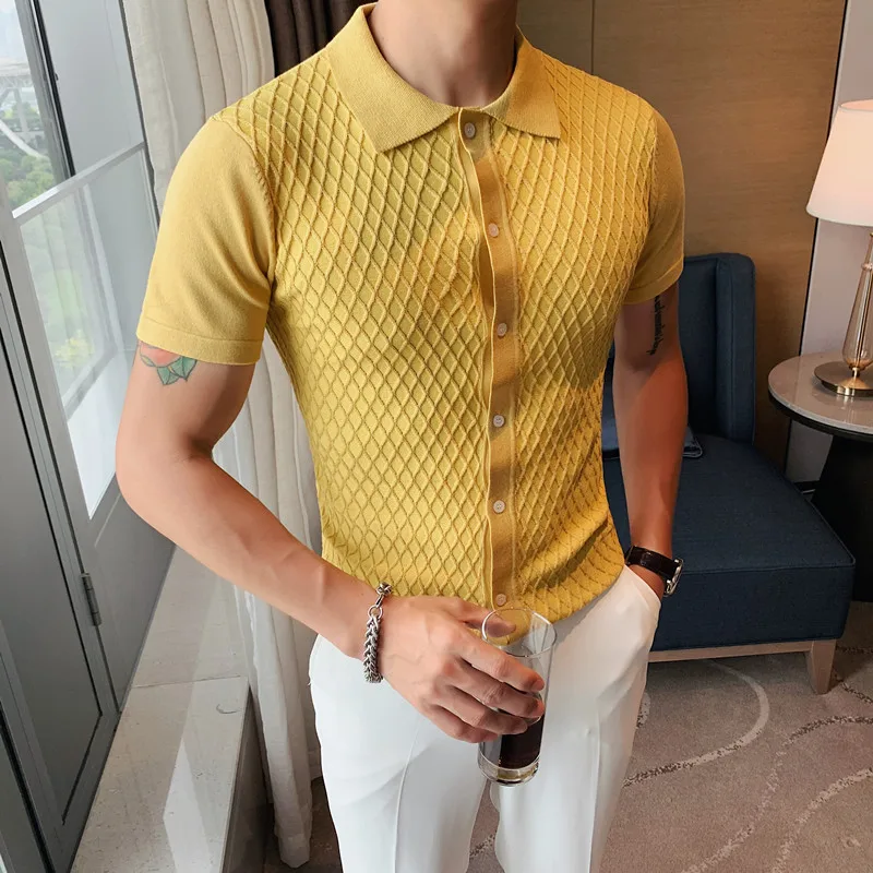 

Men Grid Short Sleeve Knitted Polo Shirts 2022 British Style Fashion Turn Down Collar Slim Fit Solid Color Casual Tee Shirt Male