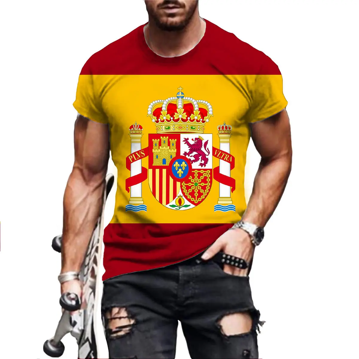 2022 Men's Spain Flag T Shirts Espana National Emblem Print T-shirt Summer Round Neck Cool Streetwear Clothing Tshirt Men