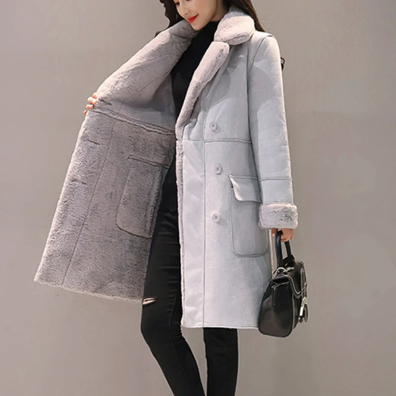 Women Warm Velvet Thicken Faux Suede Long Coats Parkas Winter Jackets Female Double Breasted Jacket Slim Solid Lapel Overcoat