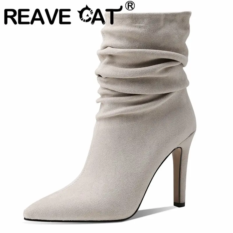 

REAVE CAT 2022 Women Mid-Calt Boots Pointed Toe High Heels Pleated Flock Slip-on Plus Size 34-43 Solid Black Brown Elegant S4006