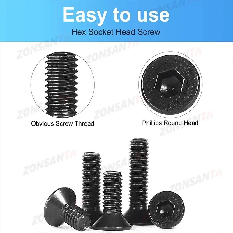 Фото M2 M2.5 M3 M4 M5 Класс 10,9, стальной, черный, шестигранный, с шестигранной головкой, винт с плоской потайной головкой, болт с шестигранной головкой, гайка, набор шайб №3