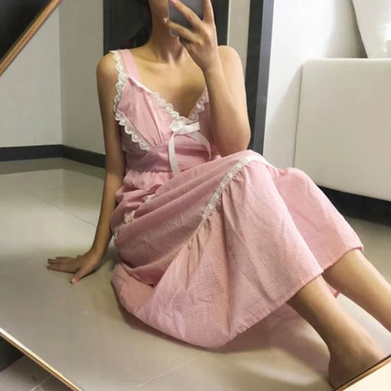 Женская кружевная ночная рубашка в клетку элегантная свободная Ночная на