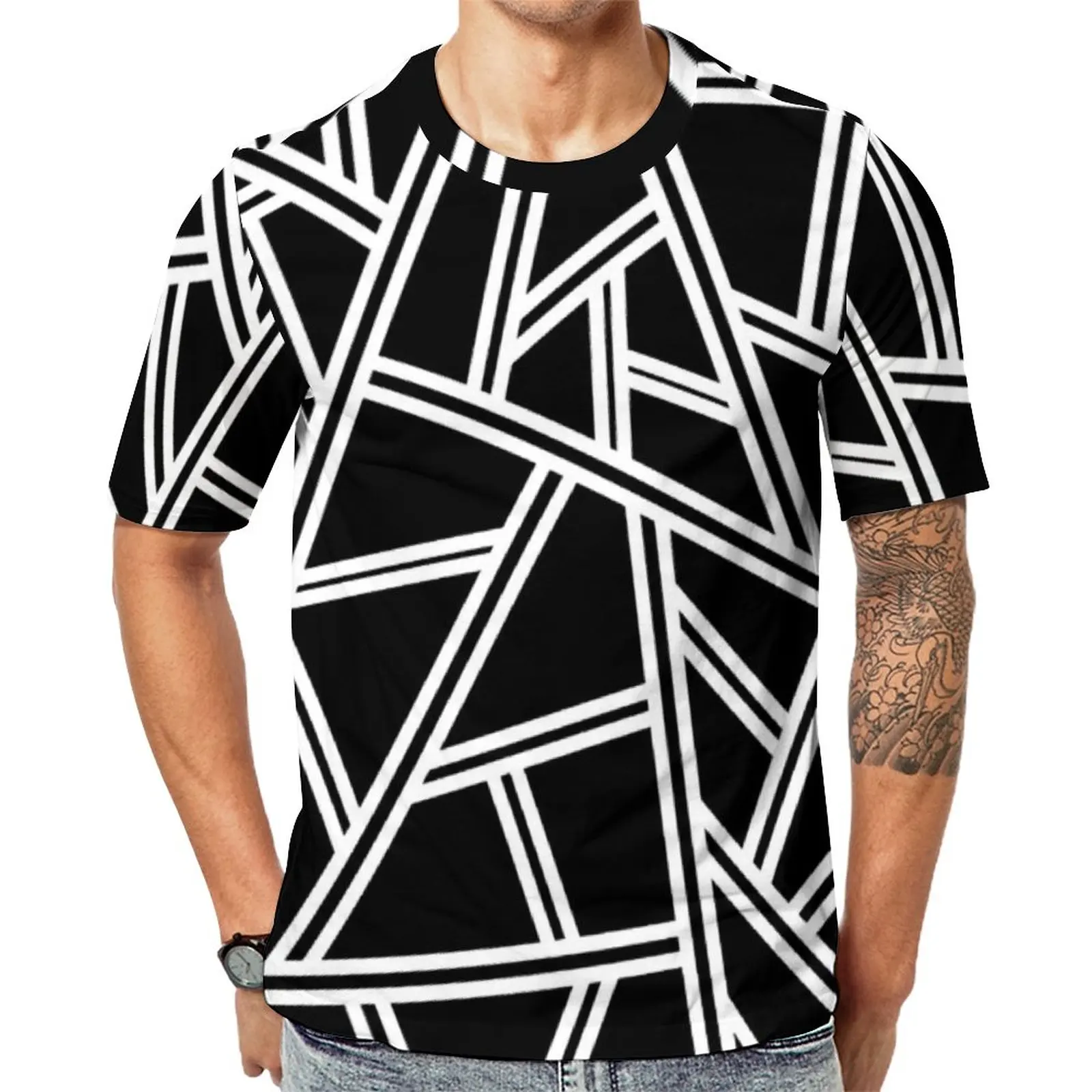 

Футболка мужская с абстрактным геометрическим принтом, веселая Модная рубашка с круглым вырезом, дизайнерский Топ черного цвета, 4XL, 5XL, 6XL, на лето