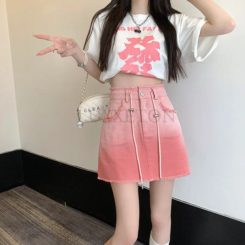 

Юбка-шорты женская джинсовая трапециевидная, повседневная универсальная короткая из денима, с эластичными шариками, уличная одежда, розово-красная