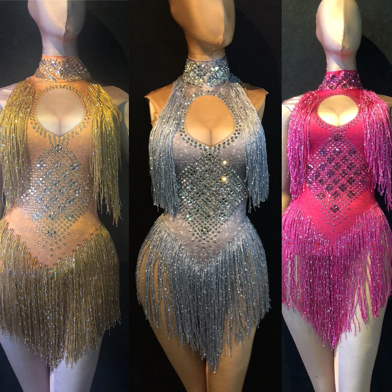 

New Beyonce Women Nightclub Jumpsuit Spandex Elastic Silver Fringe Dress Gogo Dancer Costume Performance Costume Women Bodysuit